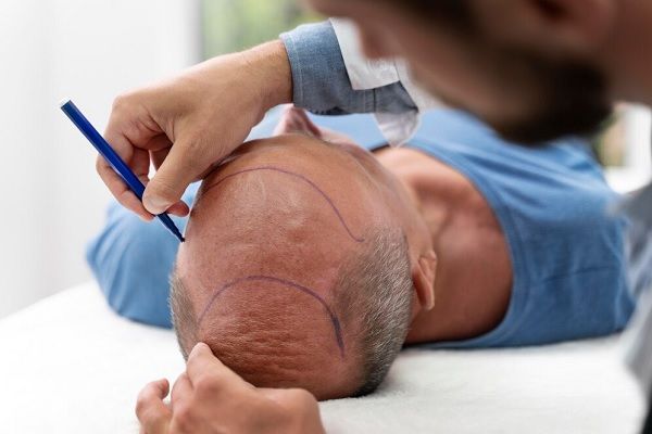 Injerto capilar Turquía - Médico tricólogo realizando el boceto del trasplante capilar Turquía a un hombre con alopecia avanzada