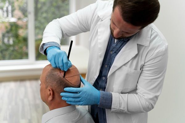 Implante capilar Turquía - Médico capilar realizando el boceto del injerto capilar Turquía a un hombre con alopecia avanzada