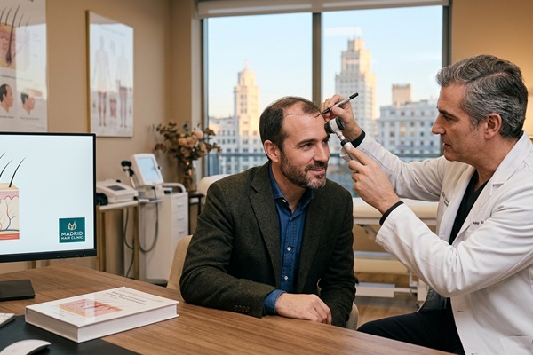 Alopecia - Médico tricólogo evaluando a un hombre con alopecia en una de las mejores clínicas injerto capilar Madrid