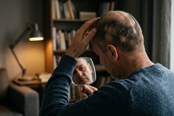Hombre con pérdida de cabello difusa debido al efluvio telógeno provocado por estrés o déficits nutricionales
