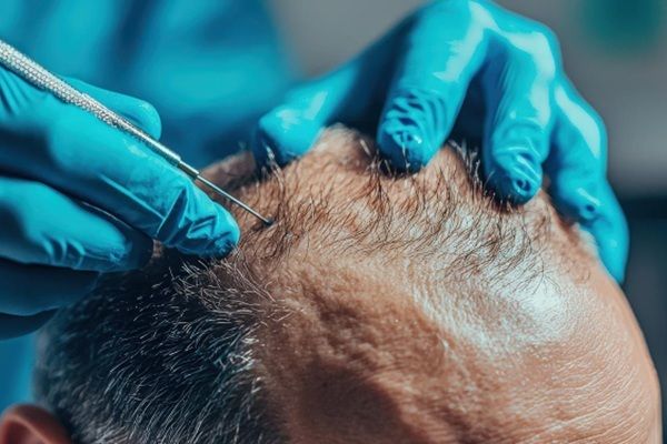 Precio trasplante capilar Turquía - Médico tricólogo realizando el procedimiento de implante capilar Turquía a un hombre con pérdida de cabello en la coronilla