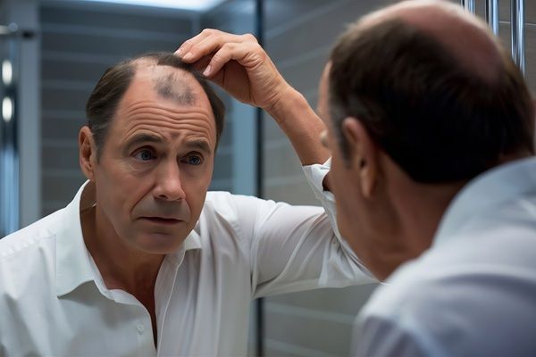 Precio trasplante capilar Turquía - Hombre observando frente a un espejo el avance de la pérdida de cabello antes de realizarse un tratamiento de trasplante capilar Turquía