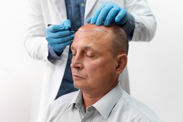 Clínicas injerto capilar Turquía - Médico tricólogo realizando el boceto del injerto capilar Turquía a un hombre con alopecia avanzada