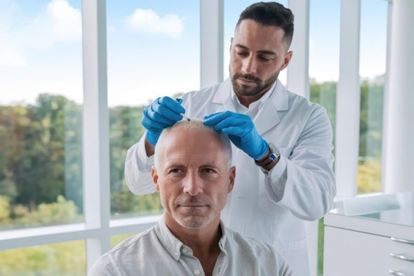 Mejores clínicas injerto capilar Barcelona - Tricólogo de la mejor clínica injerto capilar Barcelona evaluando a un hombre con alopecia para realizar un trasplante capilar Barcelona