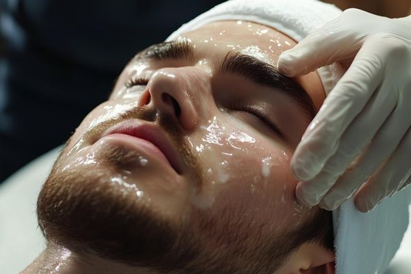 Peeling - Hombre en la mejor clínica estética Madrid realizándose un procedimiento de peeling químico para un rejuvenecimiento facial