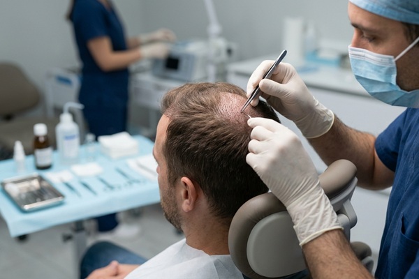 Médico tricólogo realizando un implante capilar a un hombre con alopecia en la coronilla
