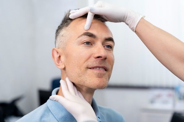 Médico estético evaluando el rostro de un hombre para aplicar el tratamiento más adecuado en la mejor clínica ácido hialurónico Madrid
