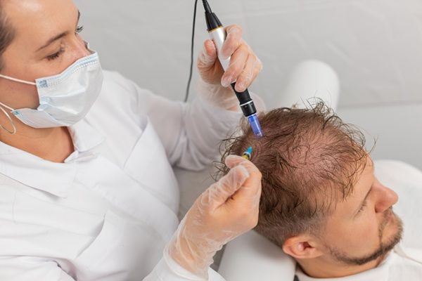 Injerto capilar Madrid - Médico tricólogo realizando un trasplante de cabello a un hombre en la mejor clínica injerto capilar Madrid