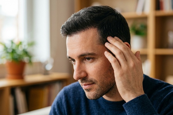 Hombre feliz con el crecimiento exitoso del trasplante capilar gracias a los cuidados post operatorios correctos