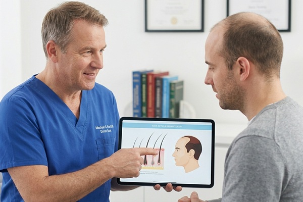 Cuánto cuesta un injerto capilar en España - Médico tricólogo mostrándole a un hombre con alopecia todo el proceso de injerto capilar en España