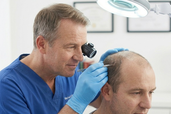 Cuánto cuesta un injerto capilar en España - Médico tricólogo evaluando el cuero cabelludo de un hombre con alopecia para determinar la mejor técnica de injerto capilar en España