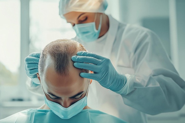 Mejor clínica injerto capilar Madrid - Cirujano capilar realizando un procedimiento de trasplante capilar Madrid a un hombre con alopecia androgénica
