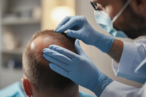 Mejor clínica injerto capilar Madrid - Tricólogo evaluando el cuero cabelludo de un hombre con alopecia antes de realizar un injerto capilar Madrid