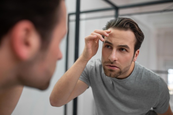 Tratamiento PRP - Hombre observando en el espejo el crecimiento del cabello gracias al tratamiento de plasma rico en plaquetas realizado en la mejor clínica injerto capilar Madrid
