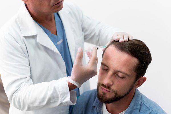Tratamiento PRP - Médico tricólogo aplicando un tratamiento de plasma rico en plaquetas a un hombre luego del injerto capilar Madrid