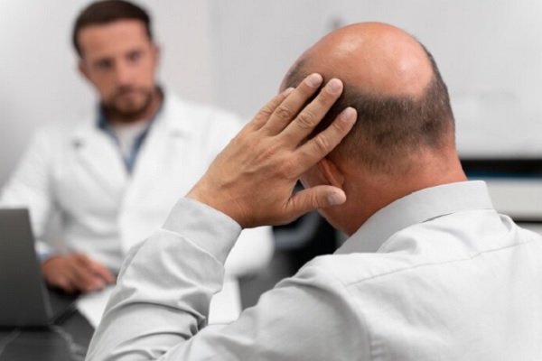 Paciente con alopecia conversando con el cirujano capilar
