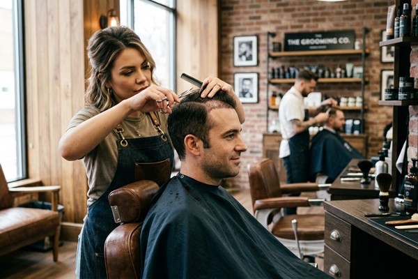 Corte de pelo tras injerto capilar - Estilista cortando el cabello de un hombre luego de un injerto capilar Madrid