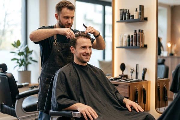 Corte de pelo tras injerto capilar - Barbero realizando un corte de cabello a un hombre con injerto capilar en las entradas