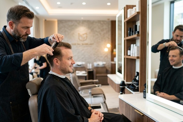 Corte de pelo tras injerto capilar - Hombre en una barbería para cortar el cabello luego de un injerto capilar Barcelona