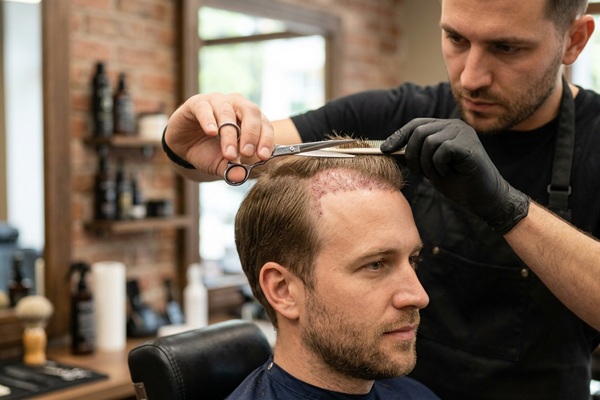 Corte de pelo tras injerto capilar - Barbero usando tijeras para cortar el cabello de un hombre luego de un injerto capilar España