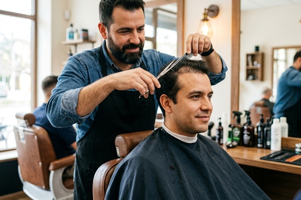 Estilista cortando en cabello de un hombre con trasplante capilar en las entradas