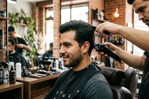 Barbero usando una maquinilla eléctrica para cortar el cabello de un hombre