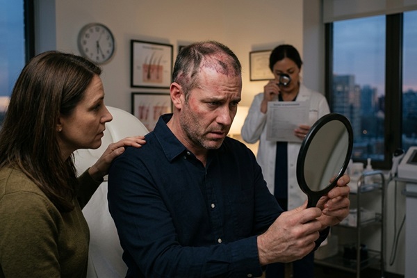 Errores en injerto capilar - Hombre visitando una clínica injerto capilar Madrid para solucionar los problemas del trasplante de cabello realizado en una clínica low cost