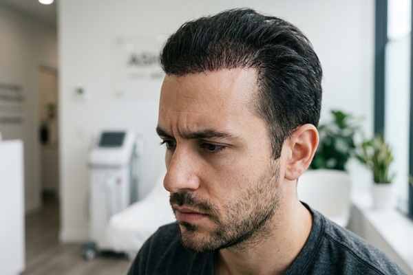 Errores en injerto capilar - Hombre con un diseño de línea frontal antinatural por no visitar la mejor clínica injerto capilar Madrid