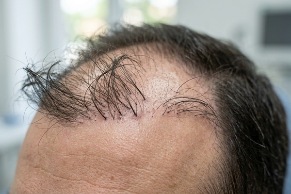 Hombre con un trasplante de cabello mal realizado al tener una angulación y dirección del folículo irregular