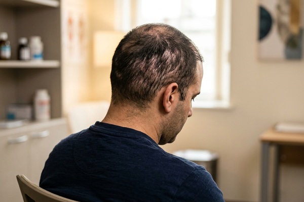 Hombre deprimido con caída del cabello trasplantado por un procedimiento mal realizado