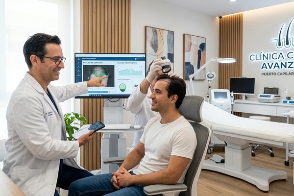 Médico capilar evaluando el cuero cabelludo de un hombre para determinar la mejor técnica de implante de cabello