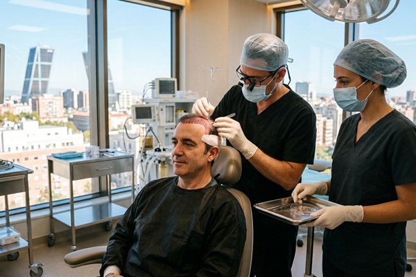 Trasplante capilar Madrid - Cirujano capilar realizando un trasplante de cabello en una de las mejores clínicas injerto capilar Madrid