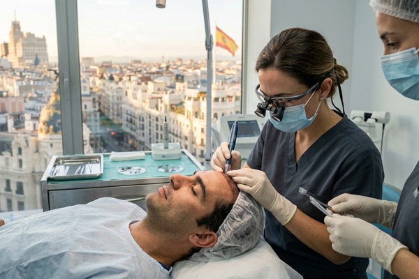 Trasplante capilar Madrid - Médico tricólogo realizando un injerto capilar Madrid con la técnica DHI a un hombre con alopecia en las entradas
