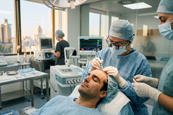 Trasplante capilar Madrid - Cirujano capilar realizando un trasplante de cabello con la técnica DHI en una de las mejores clínicas injerto capilar Madrid