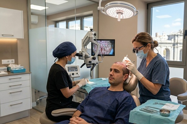 Médico tricólogo realizando un injerto de cabello a un hombre con alopecia avanzada