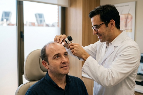 Tricólogo evaluando el cuero cabelludo de un hombre con alopecia para determinar la mejor técnica de injerto de cabello