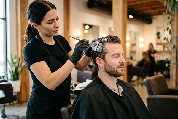 Bótox en el cabello - Estilista realizando la aplicación de bótox capilar en el cabello de un hombre con injerto capilar
