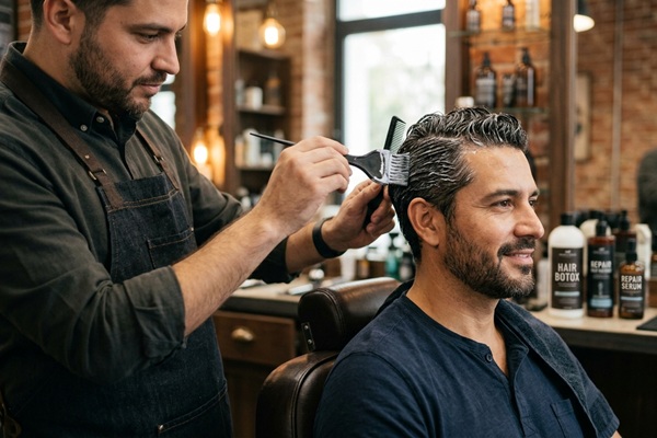 Bótox en el cabello - Barbero aplicando bótox capilar a un hombre para nutrir el cabello