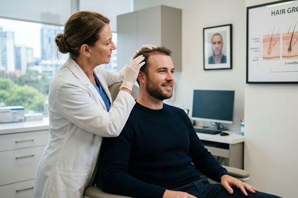Tricóloga evaluando el cuero cabelludo de un hombre en la mejor clínica injerto capilar España