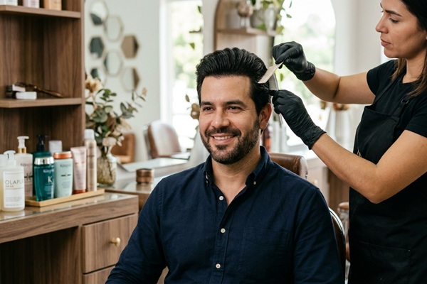 Estilista cortando el pelo de un hombre con implante capilar