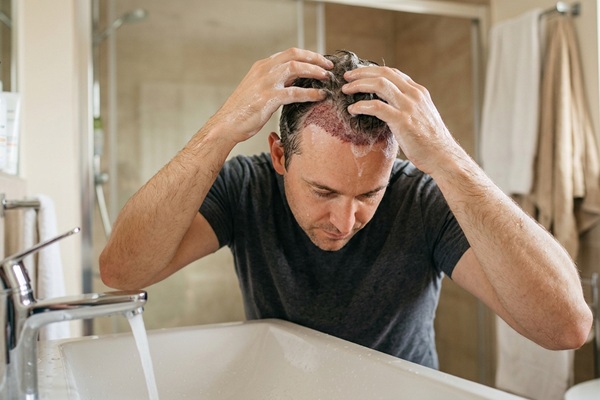 Champú tras trasplante capilar - Hombre lavando su cabello con un champú especial luego de realizarse un injerto capilar Madrid