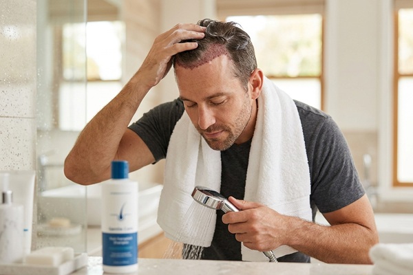 Champú tras trasplante capilar - Hombre lavando su cabello luego de un implante capilar con un champú natural sin sulfatos