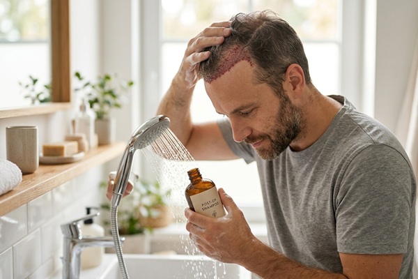 Champú tras trasplante capilar - Hombre usando un champú de pH neutro para lavar el cuero cabelludo siguiendo las recomendaciones de la clínica trasplante capilar