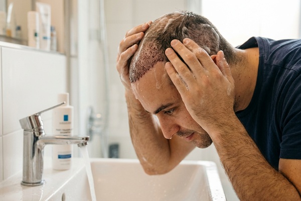 Hombre lavando su cabello con un producto suave luego un injerto capilar Madrid