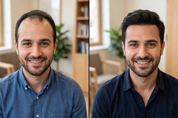 Injerto capilar antes y después - Imagen comparativa de la evolución del trasplante capilar en un hombre con alopecia androgénica