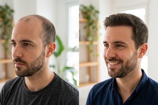 Injerto capilar antes y después - Comparativa del trasplante capilar antes y después en un hombre con alopecia en las entradas
