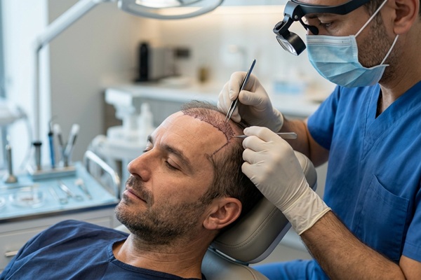 Médico tricólogo realizando un implante de cabello a un hombre con alopecia