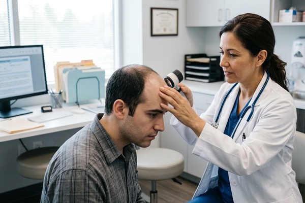 Tricóloga evaluando el cuero cabelludo de un hombre con alopecia para determinar cuánto cuesta un implante capilar