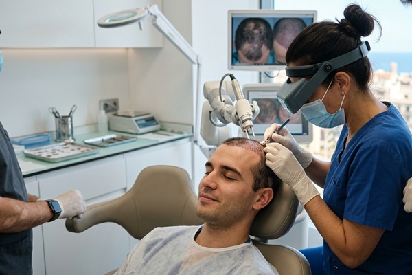 Médico tricólogo realizando un trasplante capilar a un hombre con pérdida de cabello en las entradas