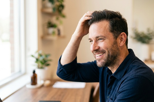 Soluciones a la alopecia - Hombre feliz con un cabello abundante y natural gracias a los productos para la caída del cabello
